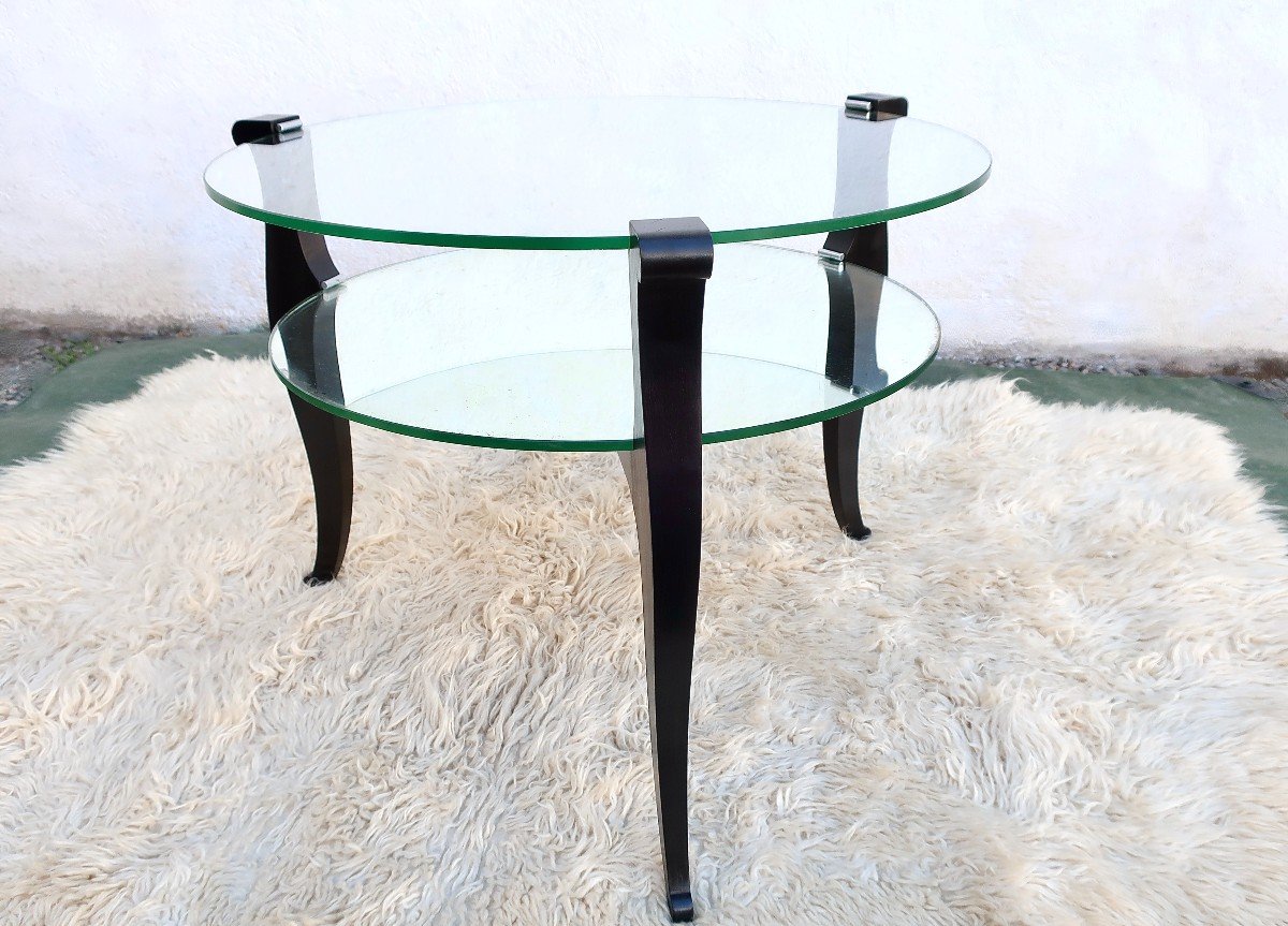 1940 Low Pedestal Table In Blackened Wood, Glass And Mirror.-photo-5