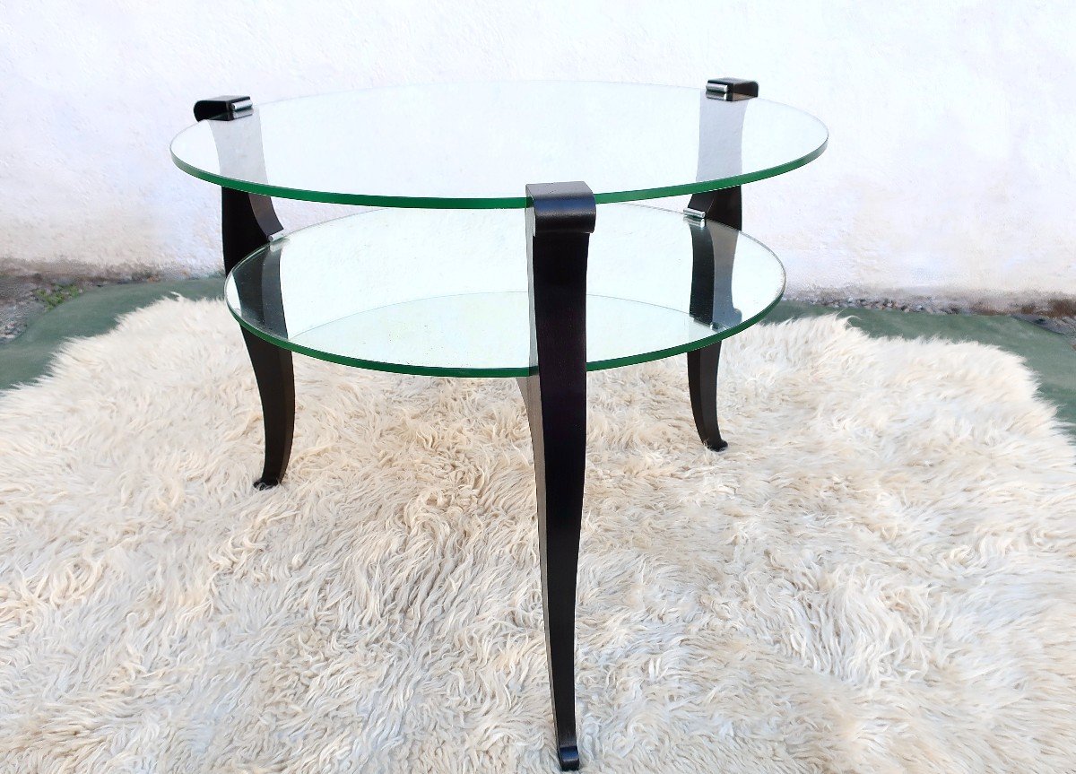 Art Deco 1930/1940 Low Pedestal Table In Blackened Wood, Glass And Mirror.-photo-5