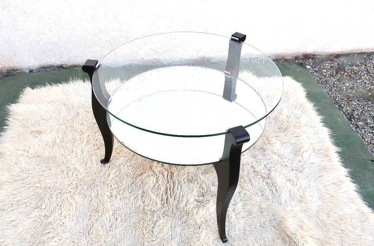 1940 Low Pedestal Table In Blackened Wood, Glass And Mirror.