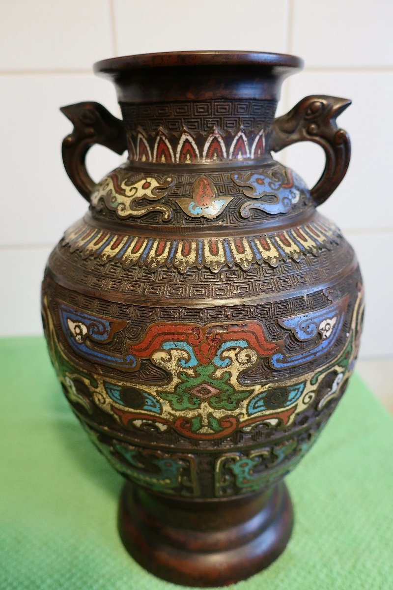 Paire De Vases En Bronze Et Email Cloisonné; Japon, Fin Du XIXème Siècle.-photo-4