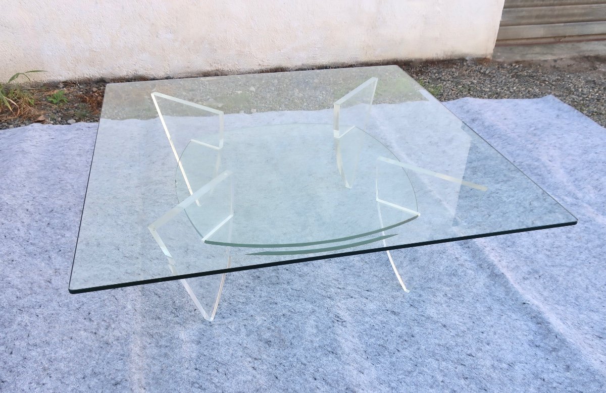 Table Basse Carrée Design Années 1980, En Verre Et Perspex (lucite).-photo-2