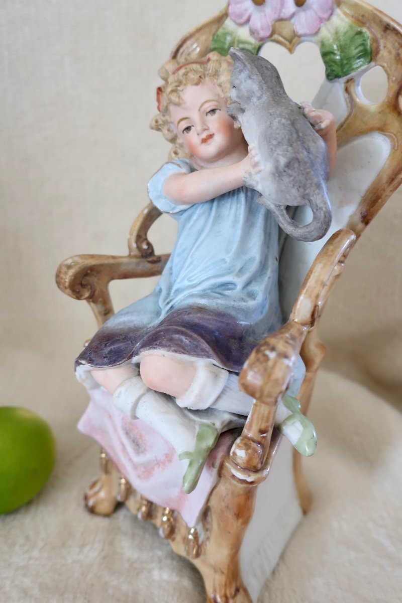 Polychrome Biscuit 24 Cm Awf Kister Scheibe-alsbach Little Girl With Cat-photo-2