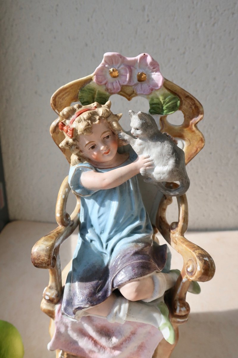 Polychrome Biscuit 24 Cm Awf Kister Scheibe-alsbach Little Girl With Cat-photo-7