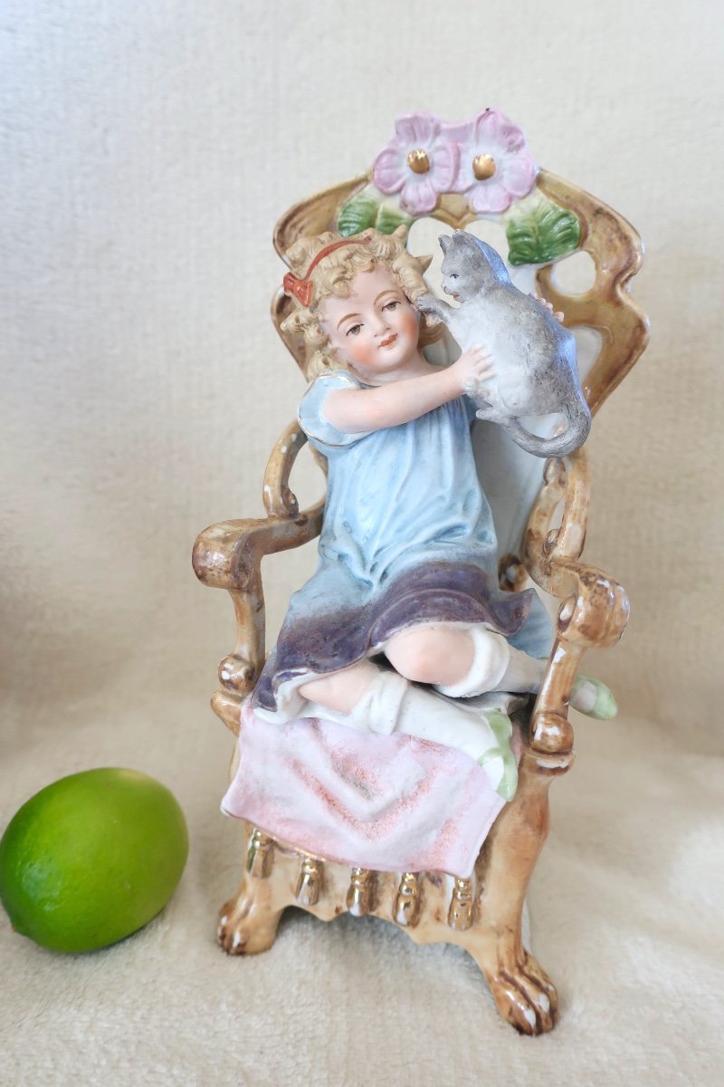 Polychrome Biscuit 24 Cm Awf Kister Scheibe-alsbach Little Girl With Cat