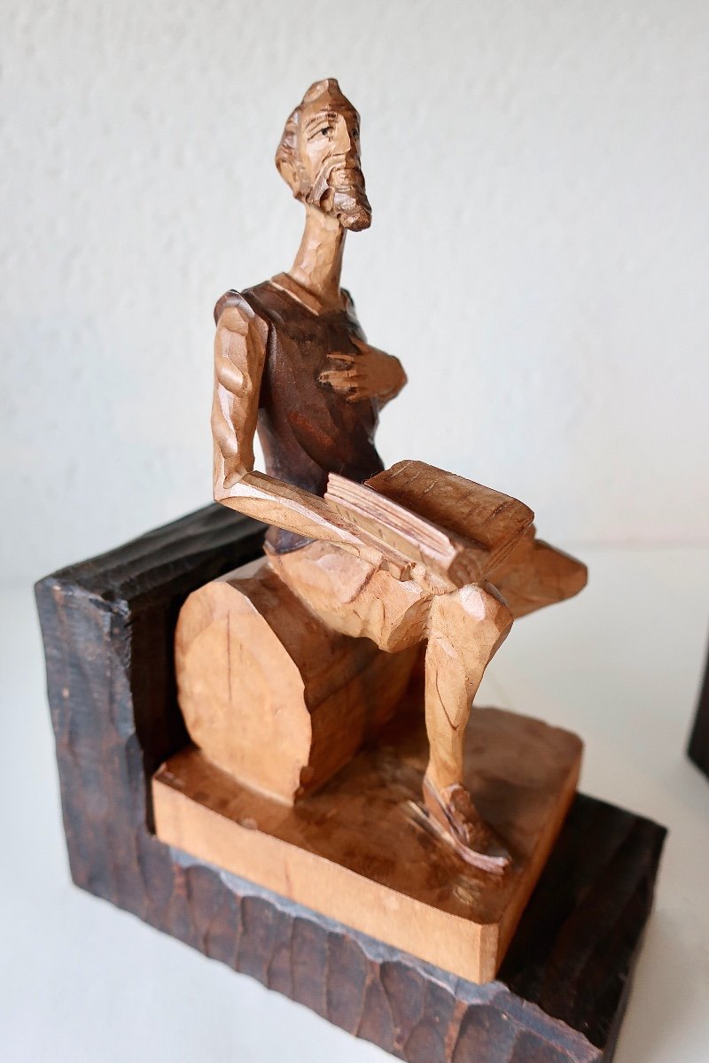 Serre-livres Don Quichotte Bois Sculpté Vers 1950, "Homme de la Mancha", Jacques Brel...-photo-2