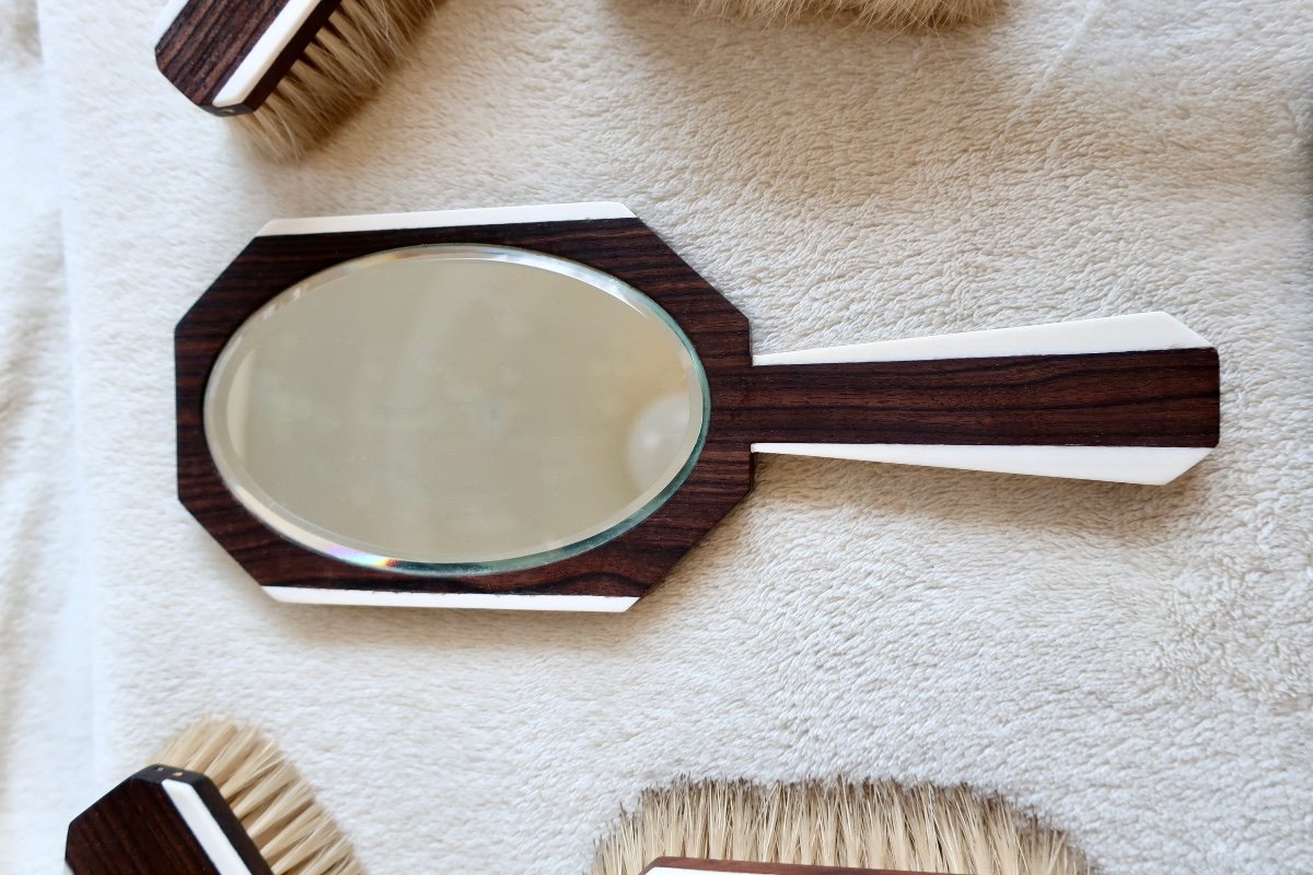 Necessaire, Art Deco Toilet Set 1930, Macassar Ebony And Ivory-photo-3