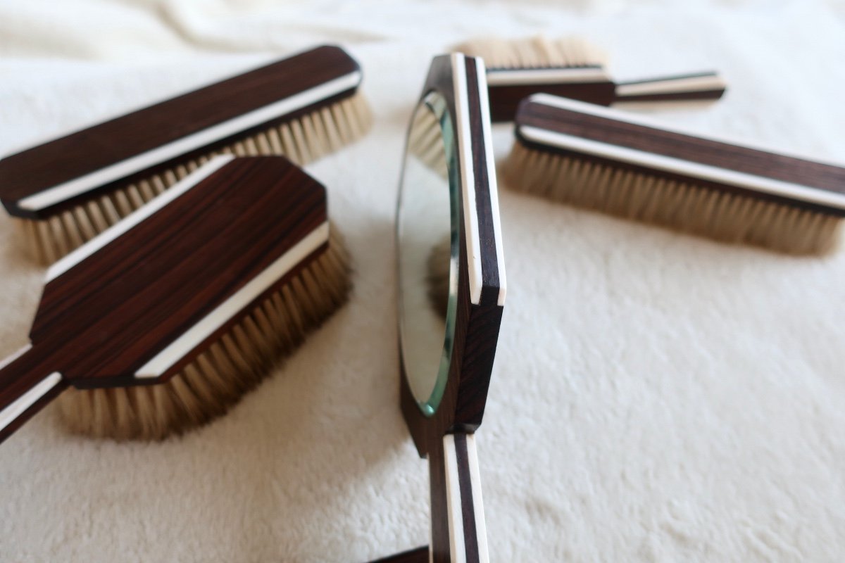 Necessaire, Art Deco Toilet Set 1930, Macassar Ebony And Ivory-photo-6