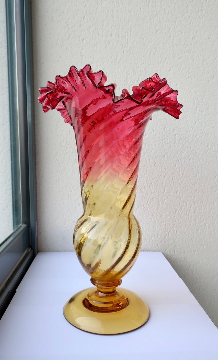 19th Century Tulip Vase In Red And Amber Crystal, "amberina", Twisted, Scalloped Neck, H 34 Cm-photo-8