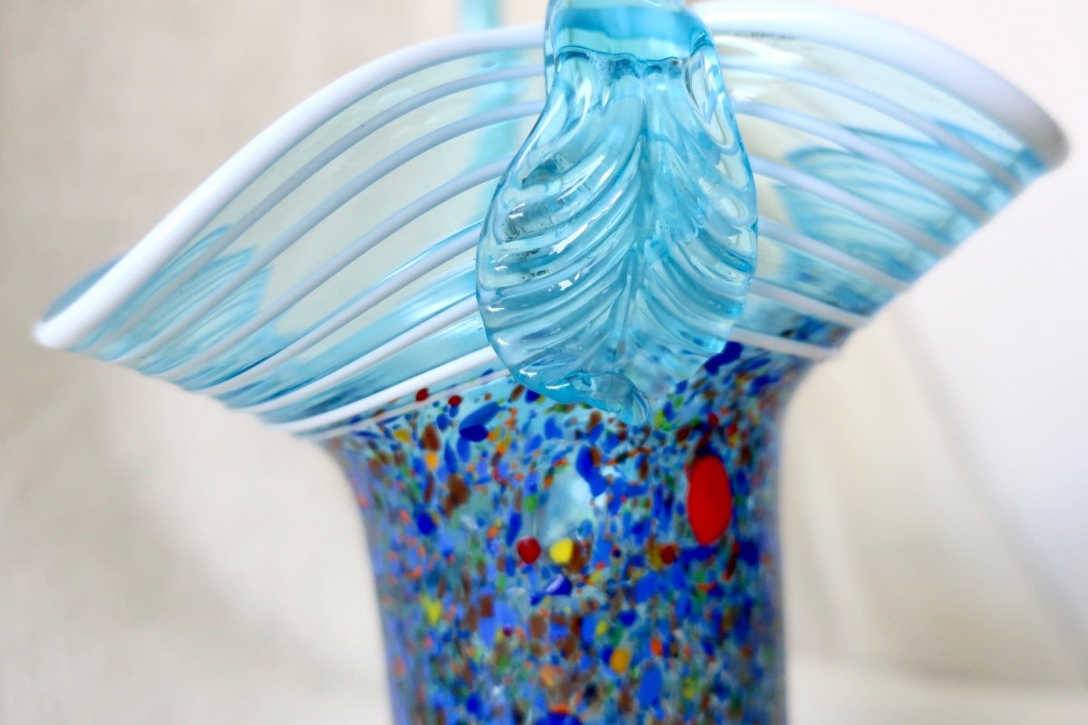 Handled Basket In Multicolored Blown Glass 1950s-photo-1