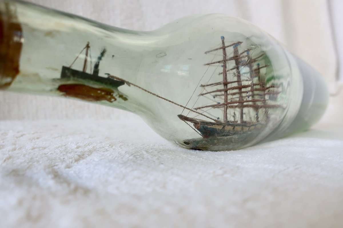 Bateau, Voilier En Bouteille, Avec Remorqueur, XIXème-photo-3