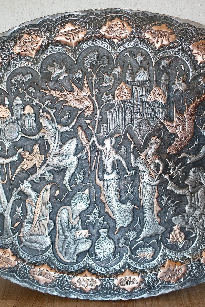 Large Kadjar Tray, Persia, Late 19th Century, 101 X 75 Cm, Very Good Condition.-photo-3