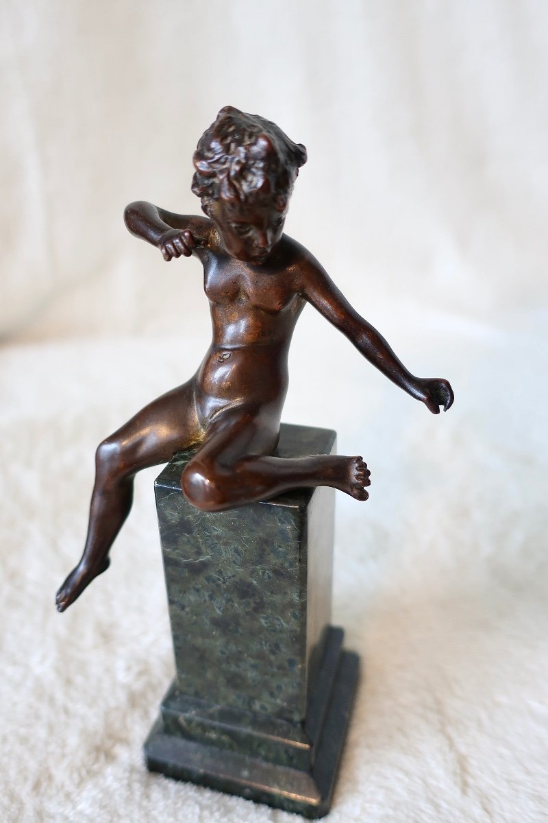 Rare Petit Bronze XIXèm, Cupidon, Amour, Chérubin Sur Colonne Marbre Vert Antique-photo-3