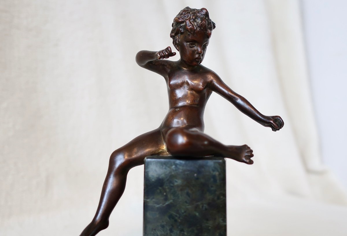 Rare Petit Bronze XIXèm, Cupidon, Amour, Chérubin Sur Colonne Marbre Vert Antique