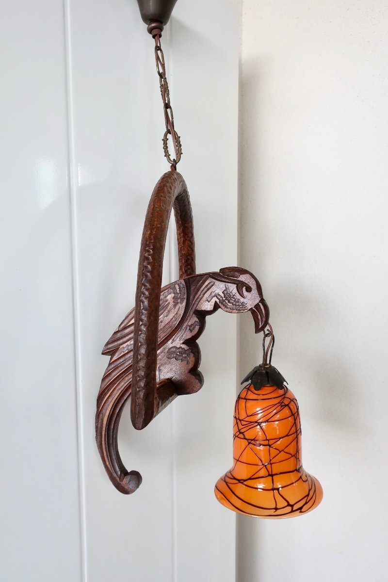 Art Nouveau Parrot Pendant Light, Loetz Tulip-photo-3