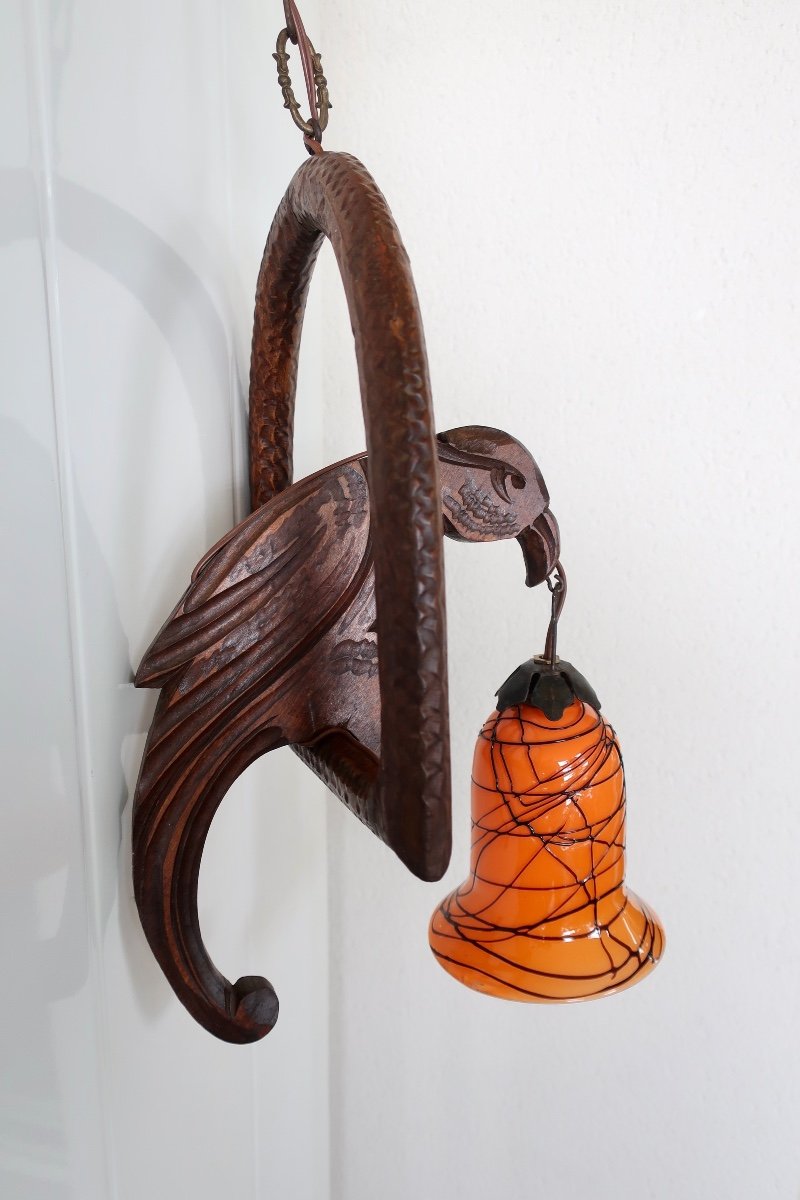 Art Nouveau Parrot Pendant Light, Loetz Tulip-photo-4