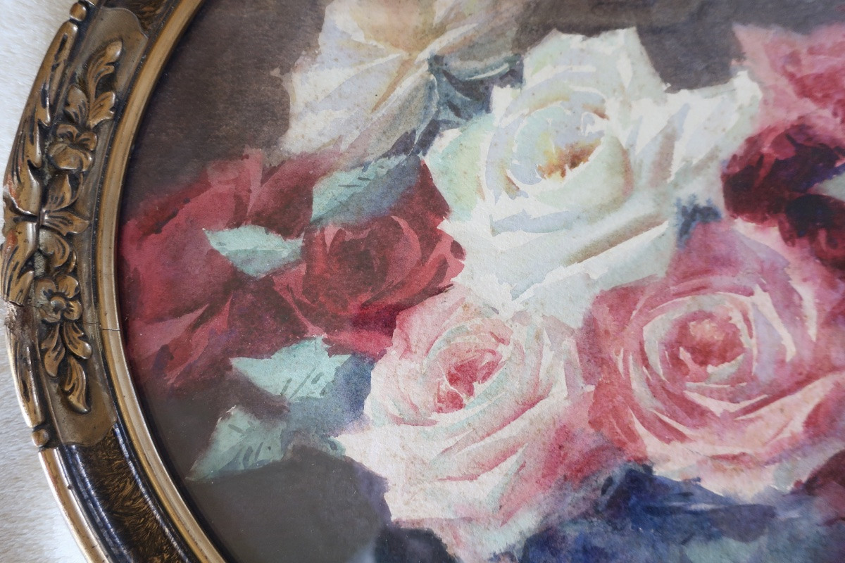 Aquarelle Roses Encadrée Sous Verre DLG de Blanche Odin, circa 1935-photo-2