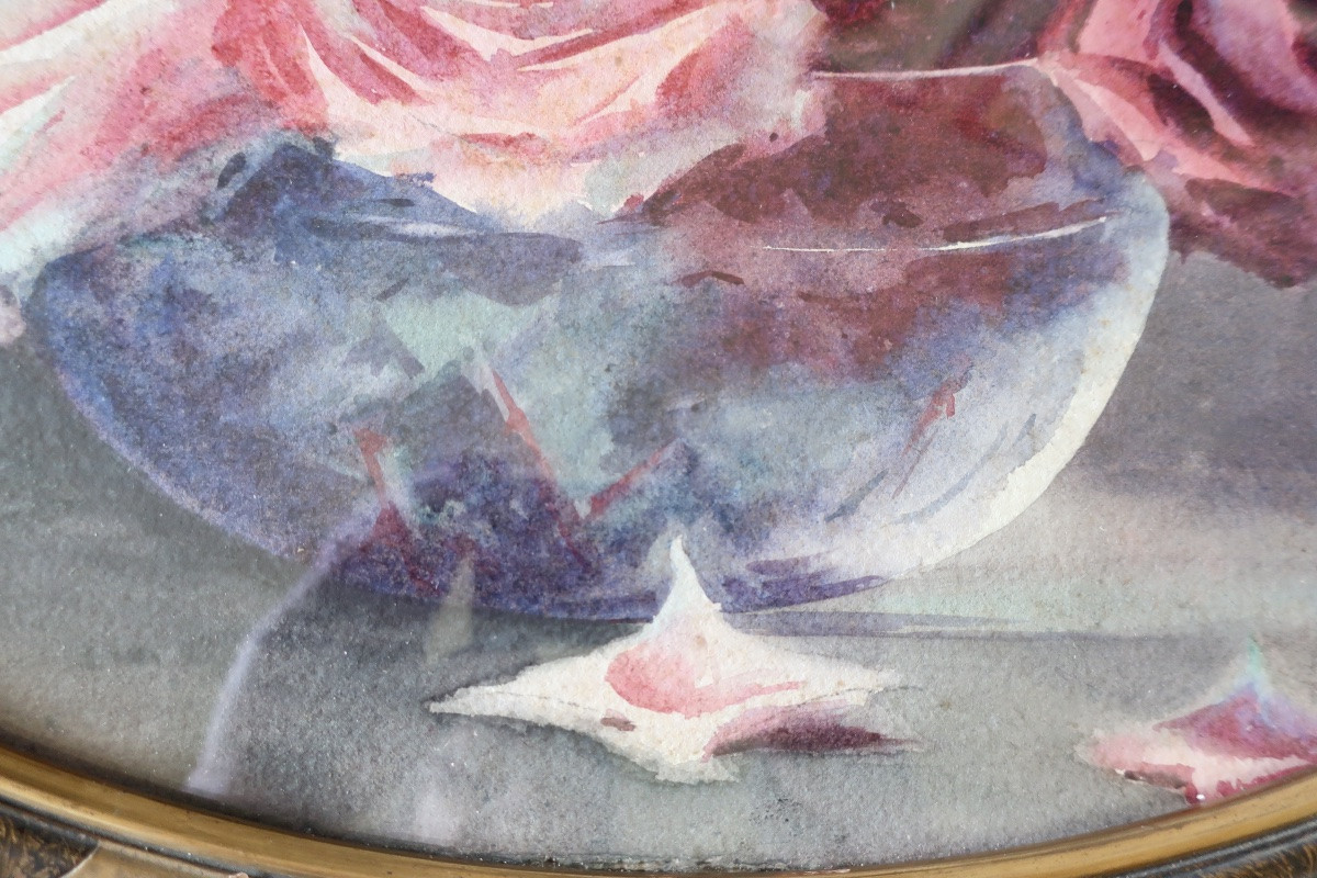 Aquarelle Roses Encadrée Sous Verre DLG de Blanche Odin, circa 1935-photo-3