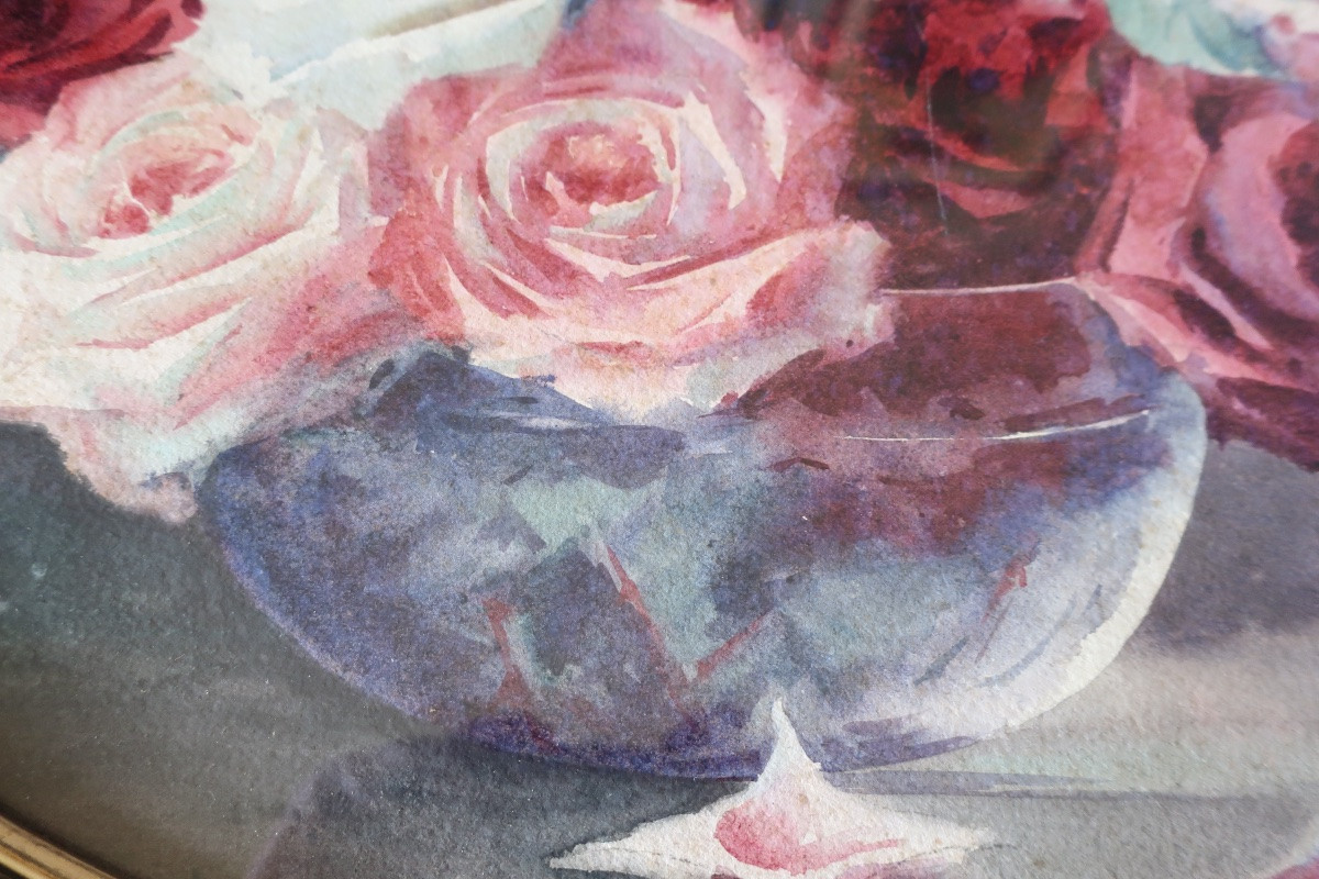 Aquarelle Roses Encadrée Sous Verre DLG de Blanche Odin, circa 1935-photo-4