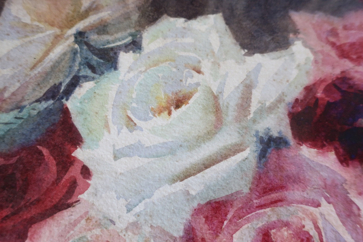 Aquarelle Roses Encadrée Sous Verre DLG de Blanche Odin, circa 1935-photo-5