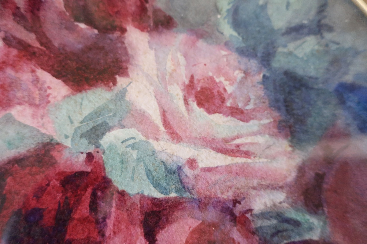 Aquarelle Roses Encadrée Sous Verre DLG de Blanche Odin, circa 1935-photo-6