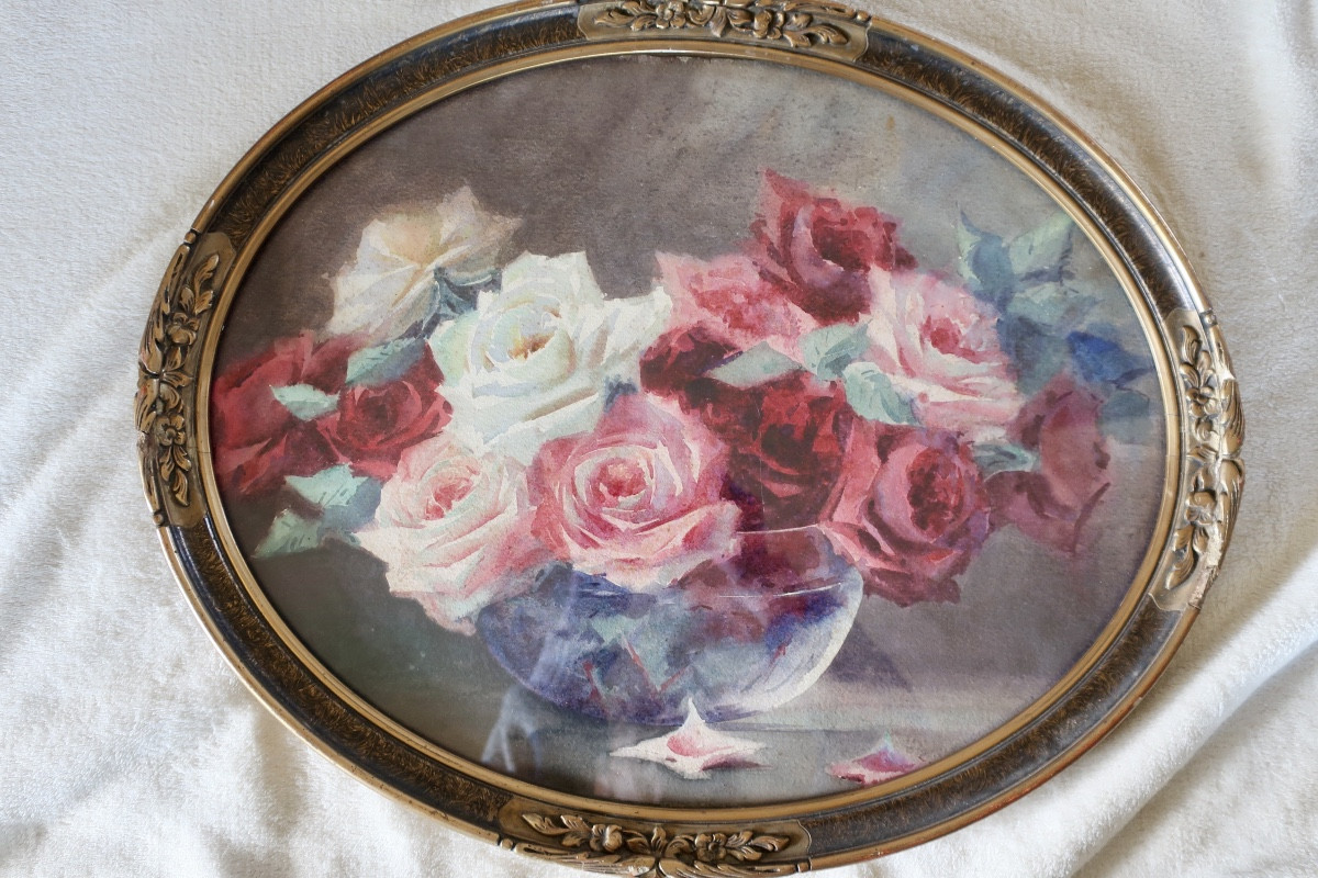 Aquarelle Roses Encadrée Sous Verre DLG de Blanche Odin, circa 1935