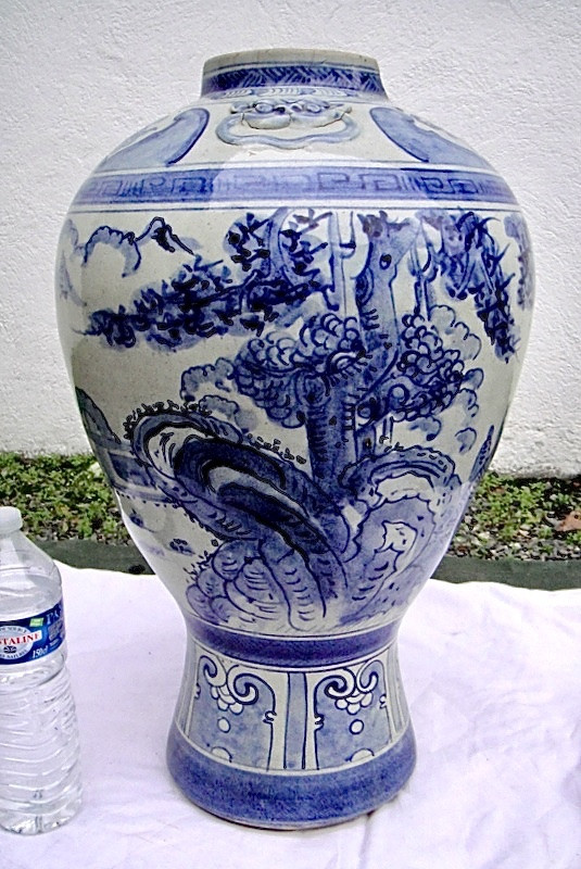 Important Chinese Vase, Late 19th Century, White And Blue Glazed Terracotta, H: 69 Cm, As Is.-photo-2
