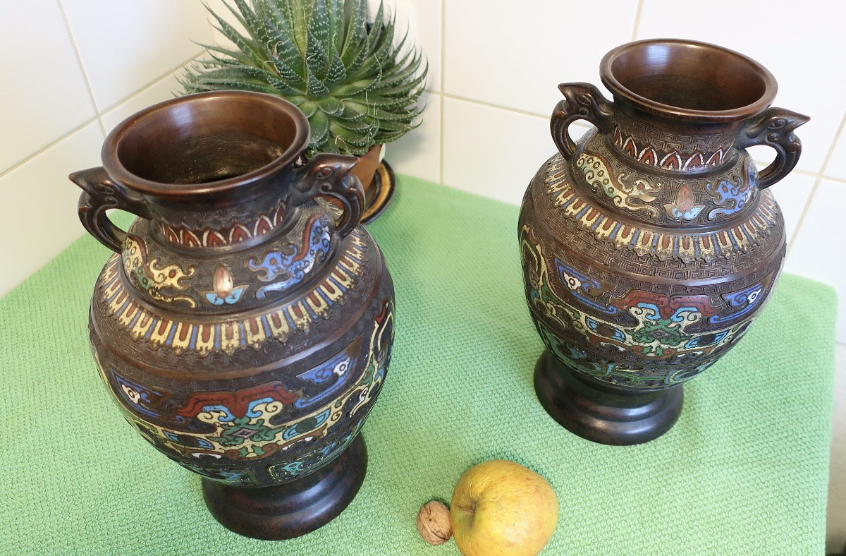 Duo de Vases en Bronze et Email Cloisonné, Japon, fin XIXème-photo-3