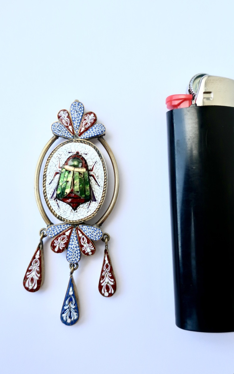 Pendentif Médaillon en Micro-mosaïque, Scarabée, Italie, circa 1860-photo-2