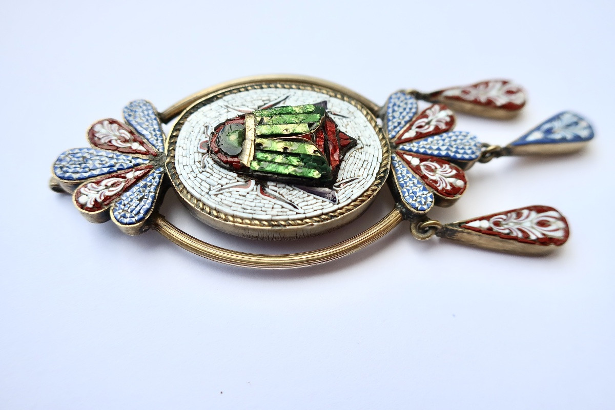 Pendentif Médaillon en Micro-mosaïque, Scarabée, Italie, circa 1860-photo-4