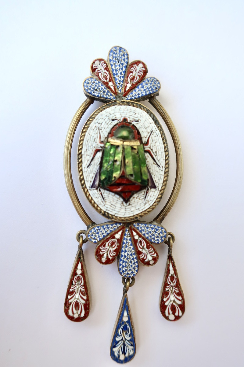 Pendentif Médaillon en Micro-mosaïque, Scarabée, Italie, circa 1860-photo-1