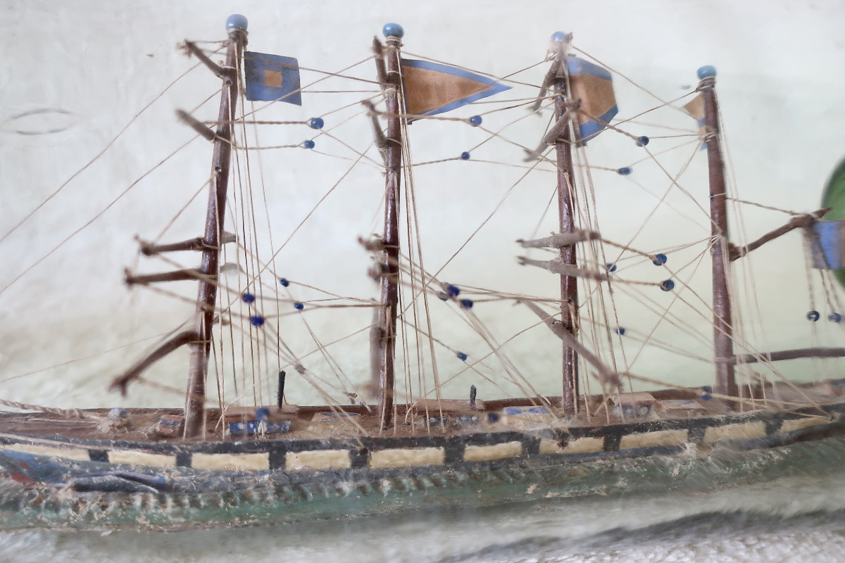 Voilier, Bateau en Bouteille avec Remorqueur, XIXéme, TBE-photo-1