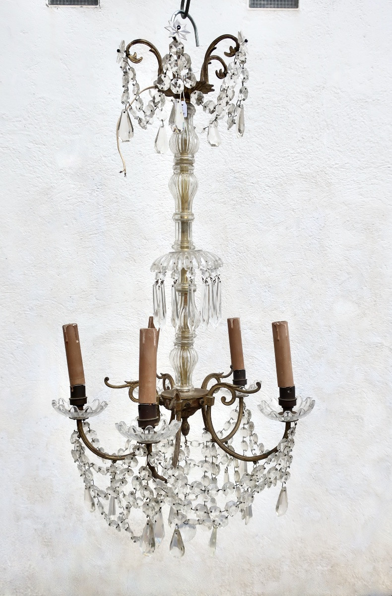 Bronze Chandelier With Crystal Tassels Circa 1950 With 5 Lights H = 81 Cm-photo-2