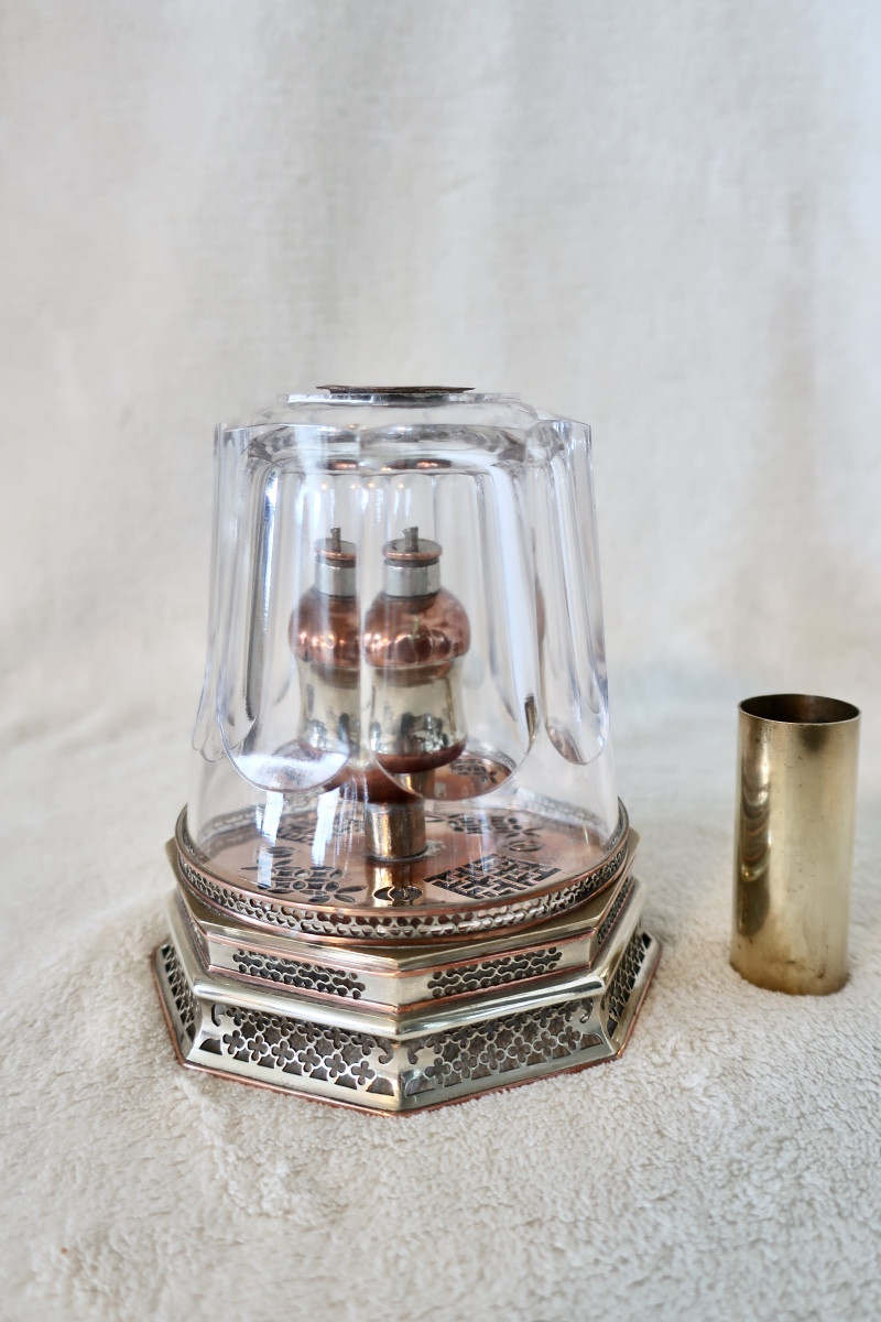 Lampe à Opium fin XIXème, Chine ou Vietnam, Cristal, Cuivre et Paktong.