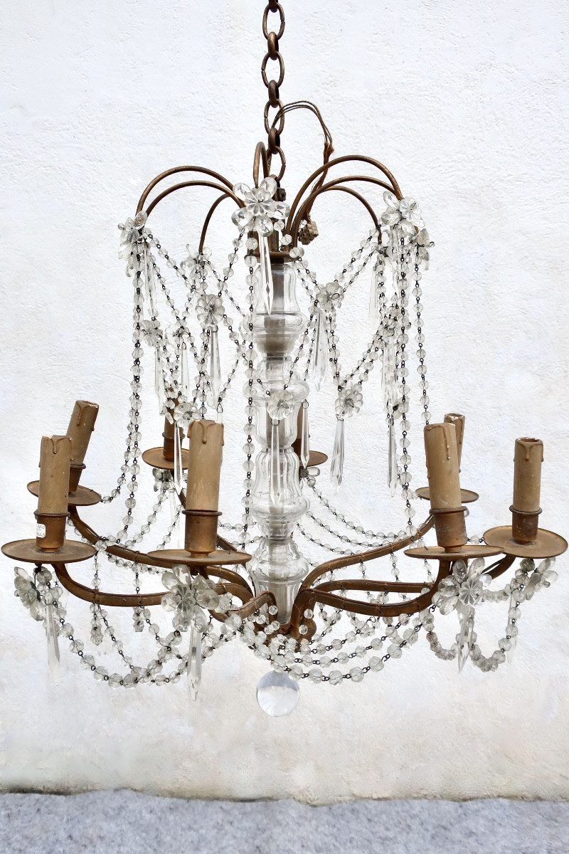Lustre 8 Lumières Bronze et Pampilles Cristal