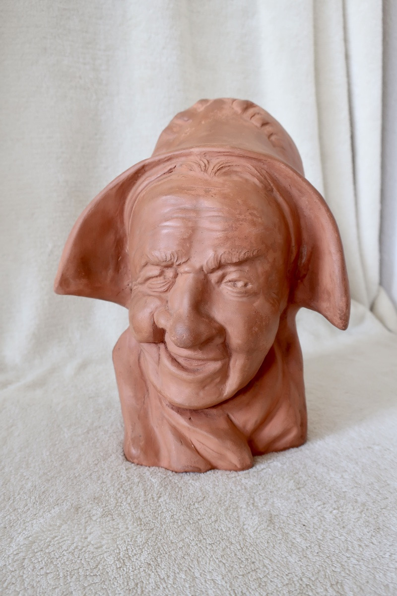 André Naudy, Terracotta Bust, Old Woman Laughing, Circa 1940, Very Good Condition.-photo-2