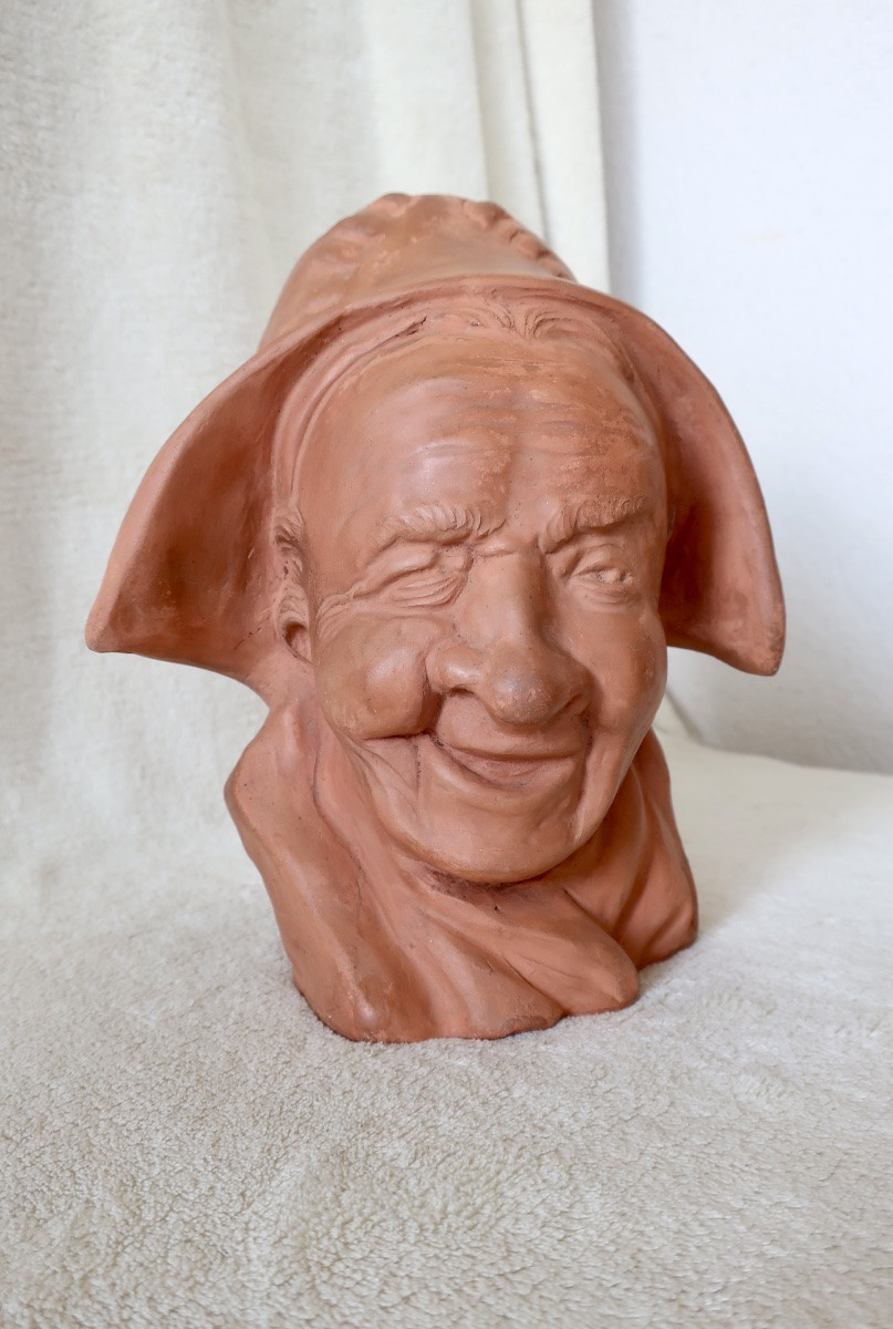 André Naudy, Terracotta Bust, Old Woman Laughing, Circa 1940, Very Good Condition.-photo-3