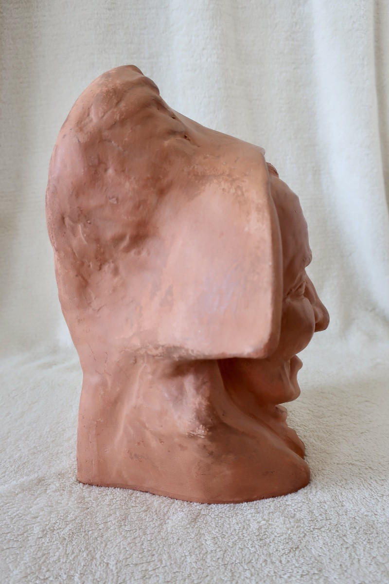 André Naudy, Terracotta Bust, Old Woman Laughing, Circa 1940, Very Good Condition.-photo-3