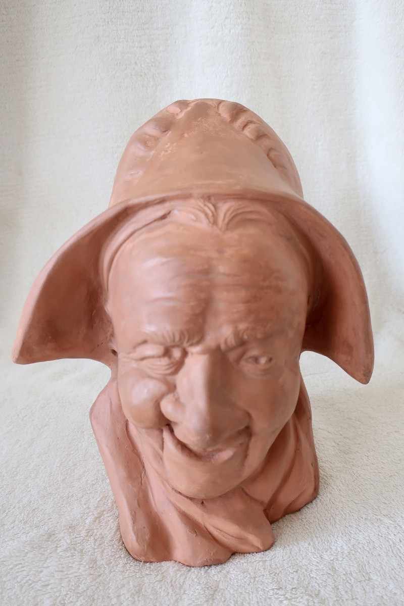 André Naudy, Terracotta Bust, Old Woman Laughing, Circa 1940, Very Good Condition.-photo-5