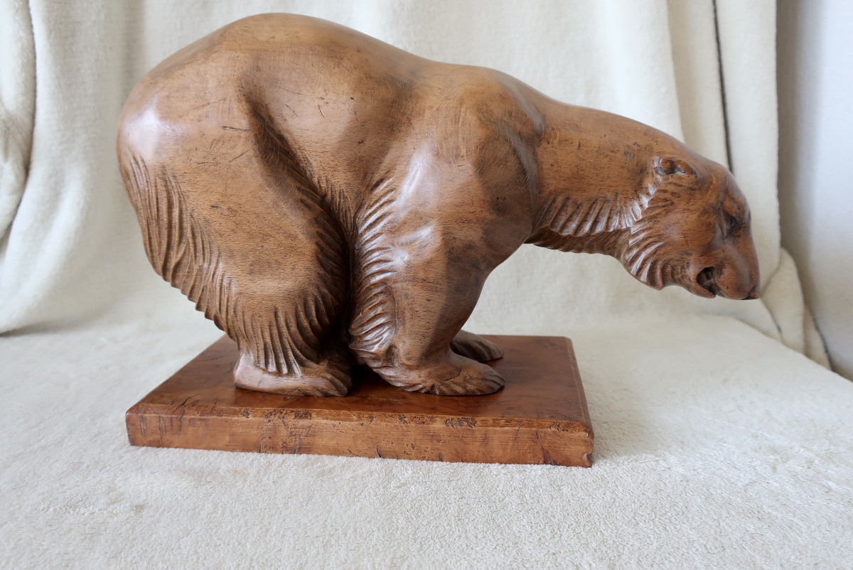 Large Art Deco Carved Wooden Polar Bear, 35 Cm, Very Good Condition-photo-2