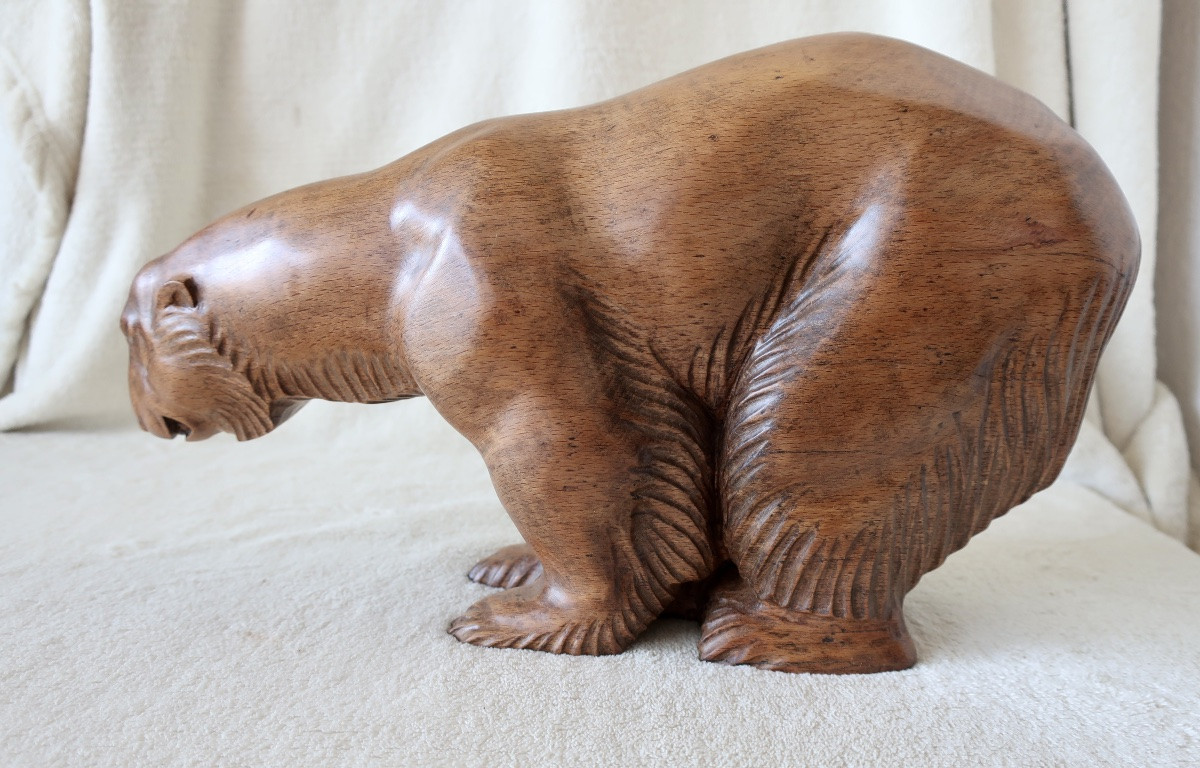 Large Art Deco Carved Wooden Polar Bear, 35 Cm, Very Good Condition-photo-3
