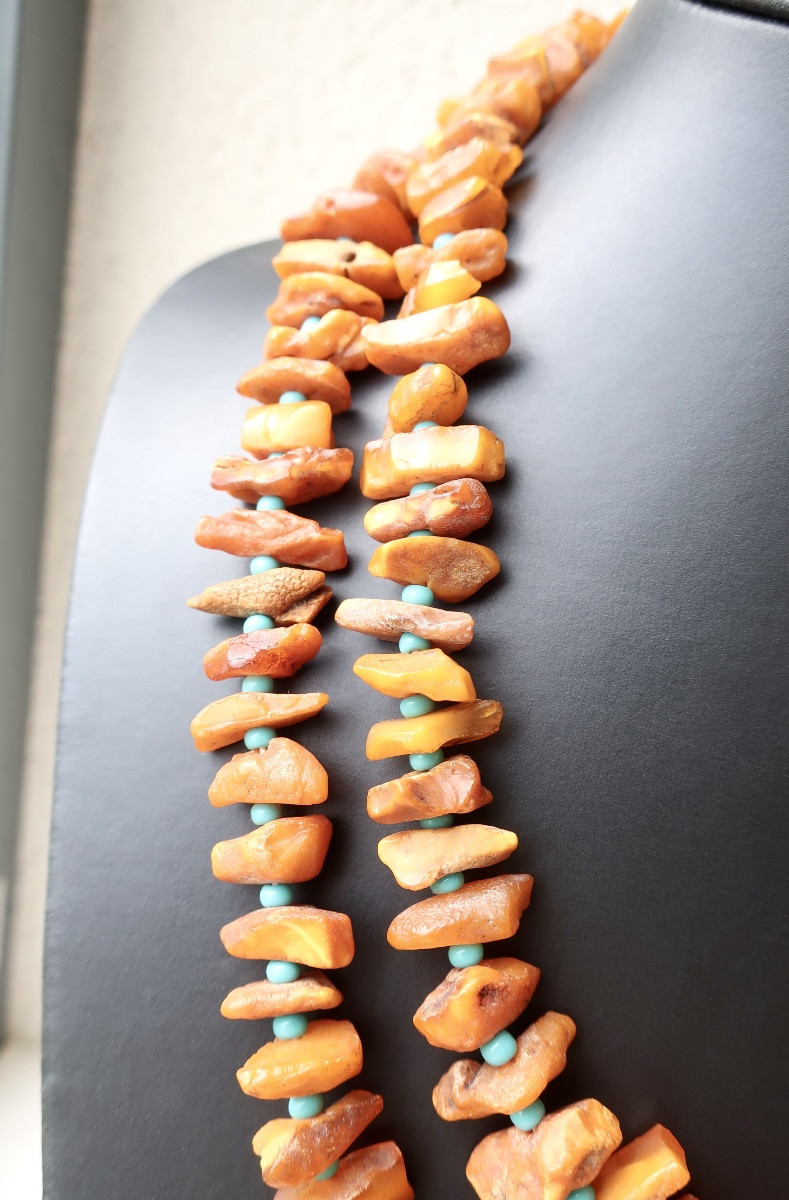 Collier Ancien à Double Rang en Ambre Baltique Brut, 63,5 cm, TBE-photo-4