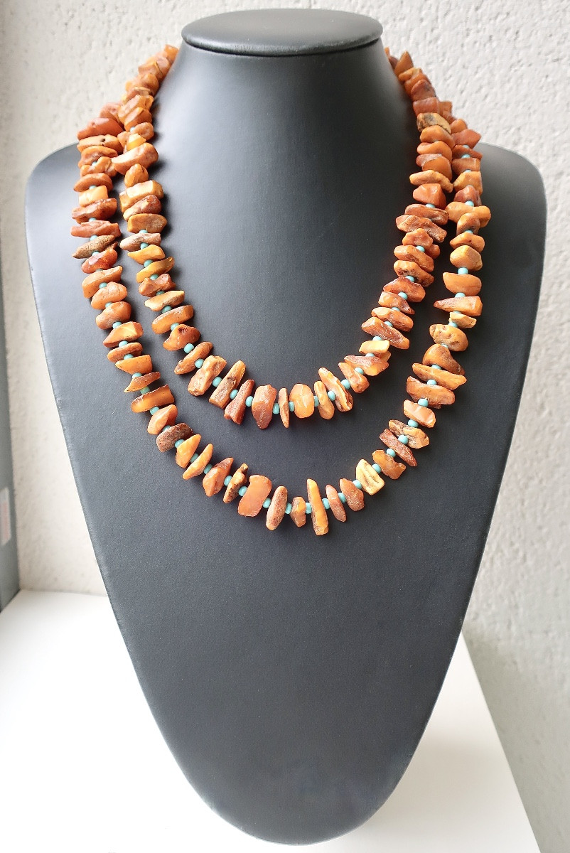 Collier Ancien à Double Rang en Ambre Baltique Brut, 63,5 cm, TBE