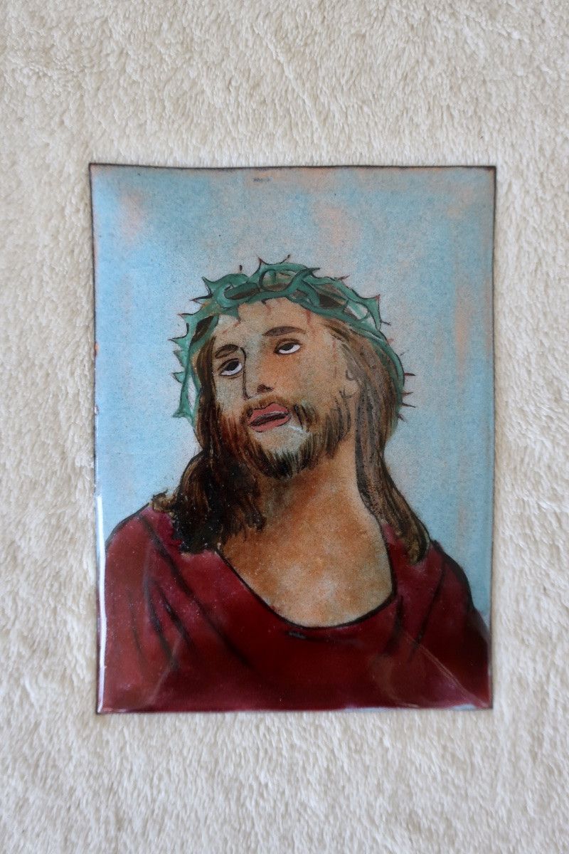 Plaque Cuivre Emaillé Tête de Christ Couronné-photo-2