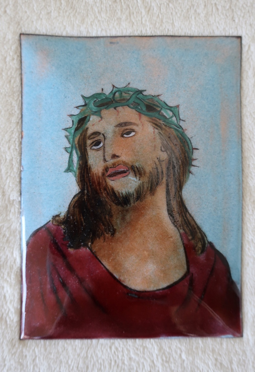 Plaque Cuivre Emaillé Tête de Christ Couronné-photo-3