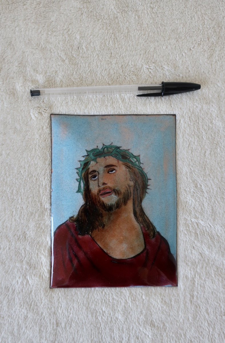 Plaque Cuivre Emaillé Tête de Christ Couronné-photo-4