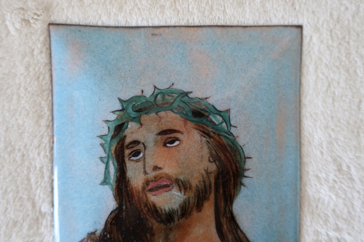 Plaque Cuivre Emaillé Tête de Christ Couronné-photo-1