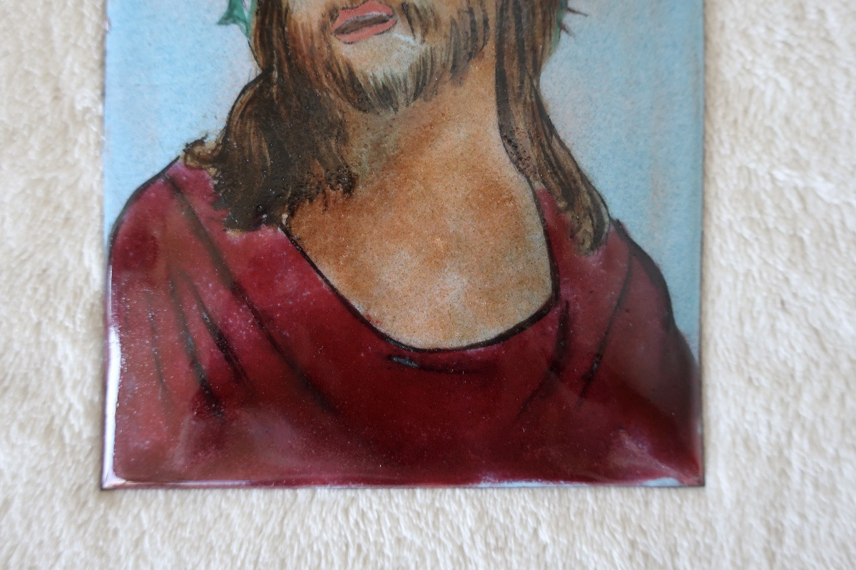 Plaque Cuivre Emaillé Tête de Christ Couronné-photo-2