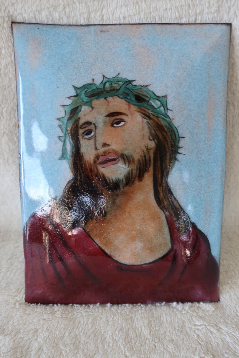 Plaque Cuivre Emaillé Tête de Christ Couronné