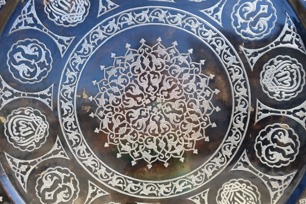 Grand Plateau Syrien, Persan, Bronze Damasquiné XIXème, 67,5 cm-photo-3
