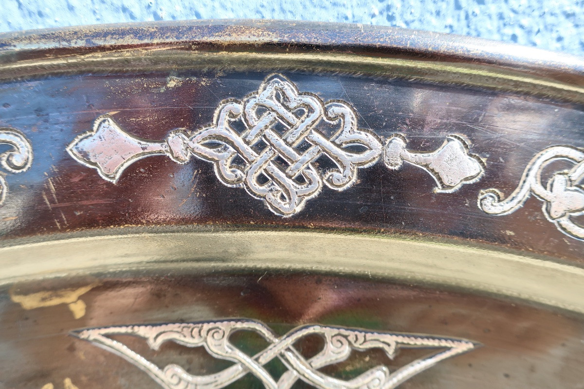 Grand Plateau Syrien, Persan, Bronze Damasquiné XIXème, 67,5 cm-photo-3